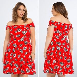 Torrid Red Floral Textured Off the Shoulder Dress